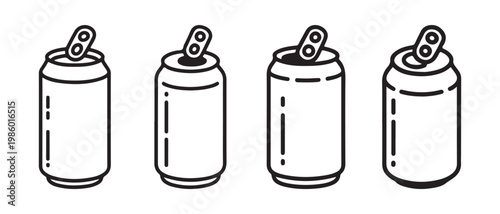Outline Beverage Can Icons Set. Open and Closed Aluminum Drink Cans on a White Background.