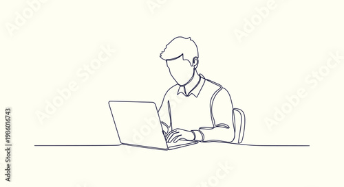 Continuous Line Drawing of a Young Man Working on His Laptop at a Desk in a Minimalist Style Art