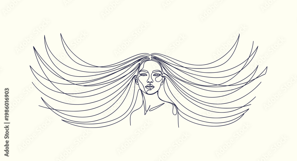 Fototapeta premium Minimalist Continuous Line Drawing of Woman Face with Long Flowing Hair Creating Abstract Wings