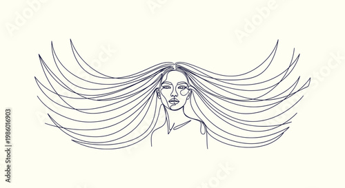 Minimalist Continuous Line Drawing of Woman Face with Long Flowing Hair Creating Abstract Wings
