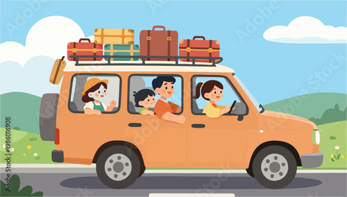  Family Road Trip in an Orange Car with Luggage
