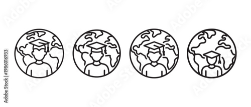 Global Education Line Art Icons. Students in Graduation Caps on World Map, Representing International Learning.