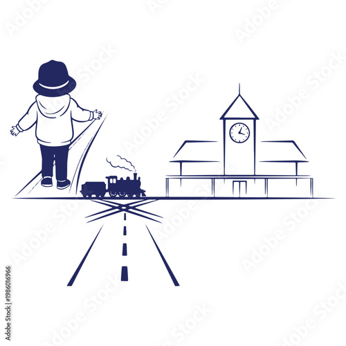 Nostalgic Journey Awaits Child at the Train Station Illustration Line Art Design