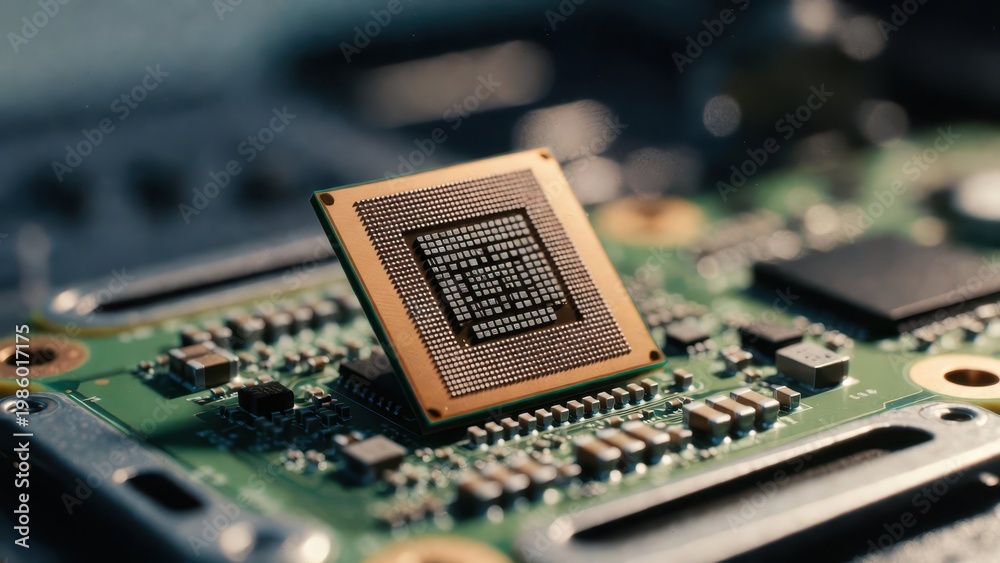 Naklejka premium Close-Up of Computer Microprocessor on Circuit Board Technology