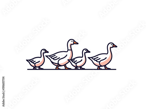 A charming line art illustration of a family of geese walking together.