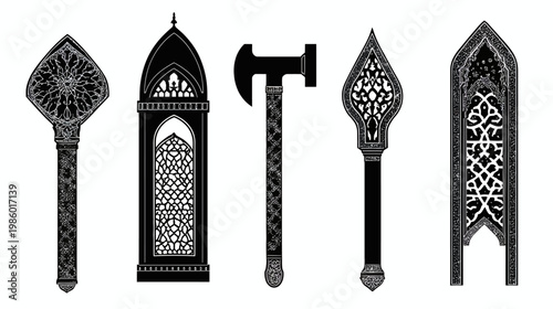 Black and white design of weaponry and architectural elements against a plain white backdrop
