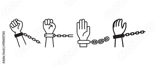 Line art illustration of hands in shackles and chains, depicting themes of freedom, bondage, and human rights on white background.