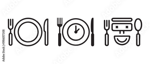 Eating Time Schedule Icons Set. for Diet and Intermittent Fasting Featuring Clock, Fork, Knife, and Plate Elements.