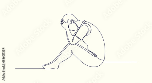 Minimalist single line drawing of a person sitting in despair expressing sadness and depression.