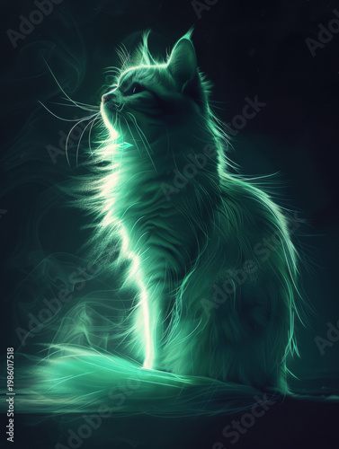 A vivid full-length illustration of a cat, with bright lime-green lighting that highlights its fur and silhouette, set against a black background