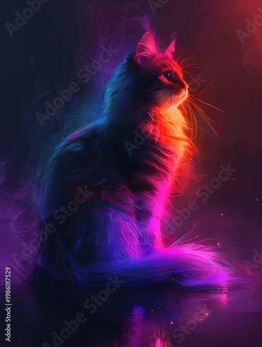 A vivid illustration of a cat with bright purple-red lighting that highlights its fur and silhouette, set against a black background