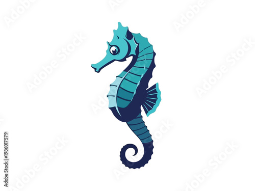 A stylized illustration of a vibrant blue seahorse swimming.