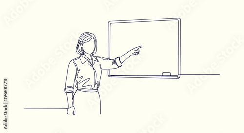Continuous line art of a woman teacher pointing at a whiteboard for education and presentation.