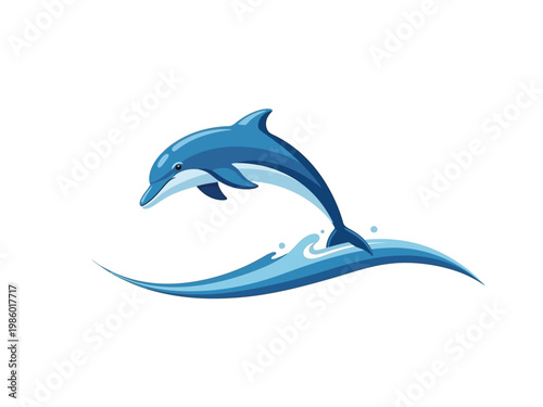 A vibrant blue dolphin leaping gracefully from a stylized ocean wave.