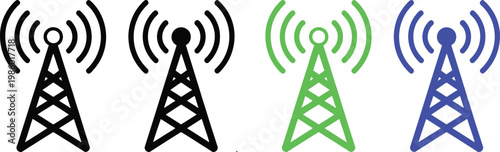 Four cell tower icons with varying colors and signal strengths