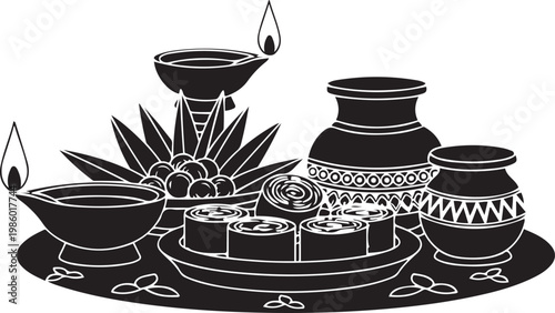 Traditional Sri Lankan Sinhala and Tamil New Year Celebration Elements Vector Illustration with Oil Lamps, Milk Pot, and Sweets for Aluth Avurudu Festival Greetings and Cultural Event Design.