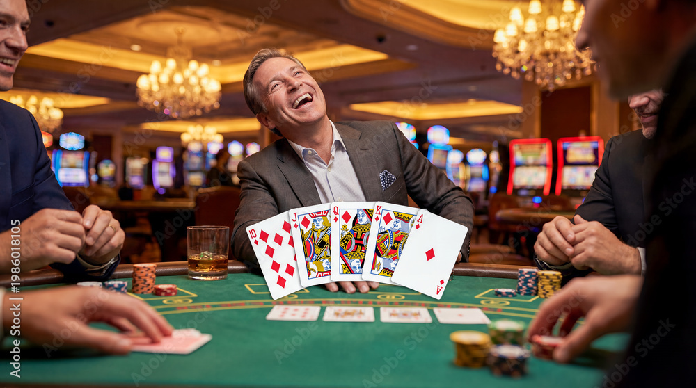 Fototapeta premium royal flush poker man casino gambling winner cards jackpot luxury celebrated by a laughing player leaning over the table with friends around for casino marketing gaming campaigns and betting ads