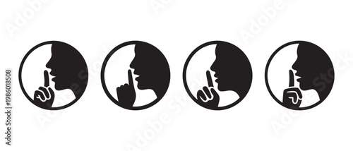 Shh Silence Gesture Icons Set. with Finger on Lips in Minimalist Black and White Vector Graphic Design.