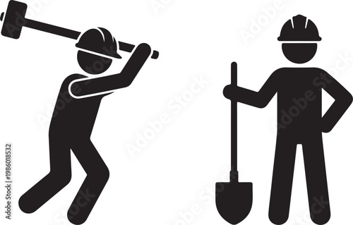 Industrial construction worker icons depicting manual labor with one person swinging a sledgehammer and another standing with a shovel construction sledgehammer industry