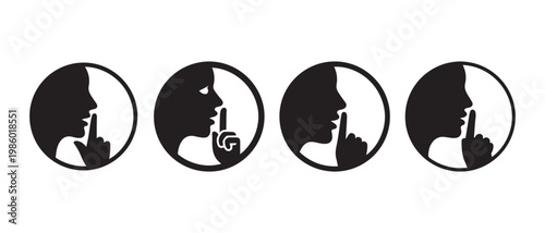 Set of Silence Gesture Icons. Profile Silhouettes with Finger on Lips. Black and White Quiet Symbol Collection.
