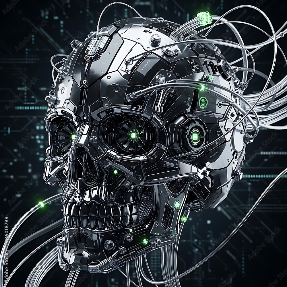 Obraz premium Cybernetic Skull - A Futuristic and Technological Masterpiece.