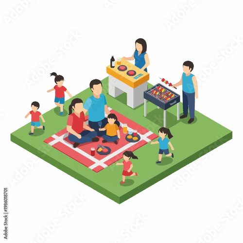 Family enjoying a summer picnic and barbecue outdoors on a sunny day.