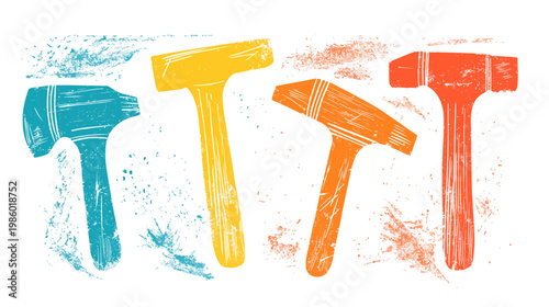 Four colorful, stylized hammers arranged on white, with textured appearance and splatter accents