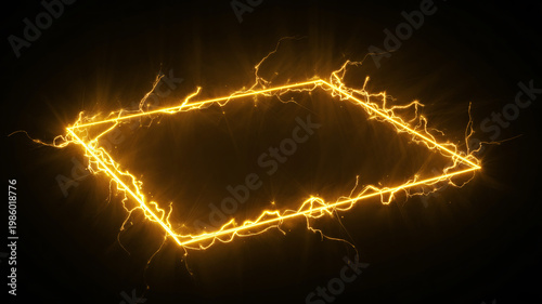 A glowing yellow lightning bolt forms a geometric shape on a dark background