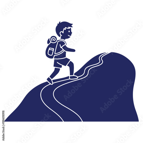 Young boy hiking up a mountain with a backpack on a sunny day vector illustration