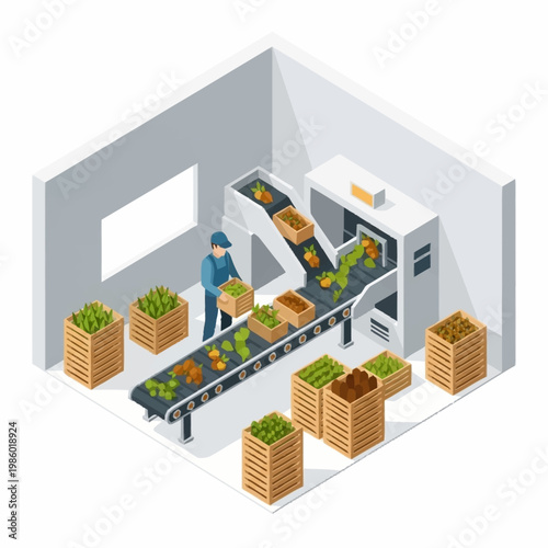 Food processing plant with conveyor belt and worker.