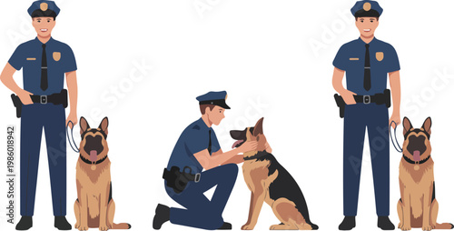 Police dog patrol team characters with K9 officers, law enforcement units, trained canine partners, security service flat vector illustration set