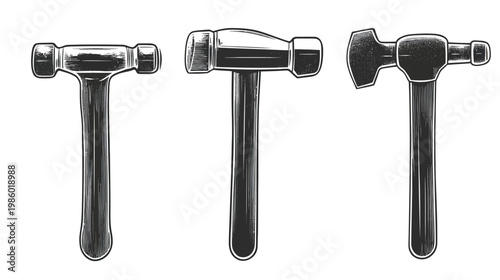 Three hand-drawn hammer illustrations in black and white, against a plain white backdrop