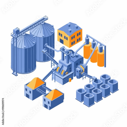 Industrial complex with silos and processing machinery isometric view.
