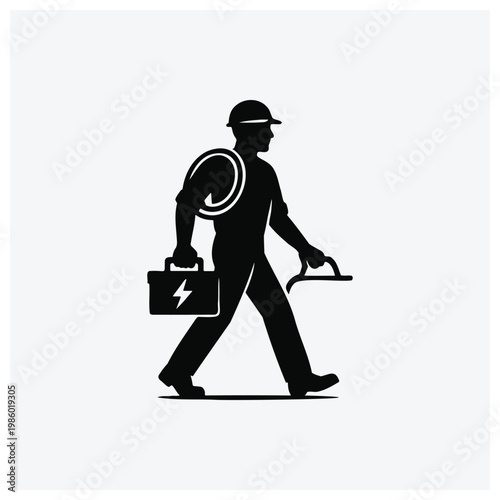 Minimal silhouette of a service worker, possibly an electrician or utility person, carrying a toolbox and a tray.