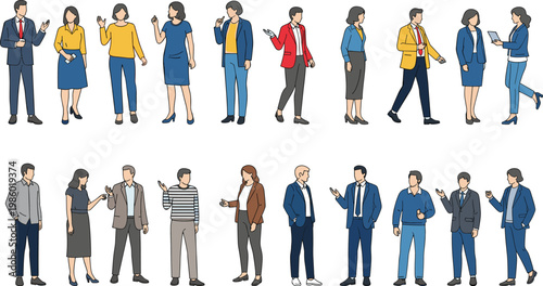 Collection of diverse professional communication illustrations showing business people in suits dresses and smart casual attire engaged in workplace conversations networking