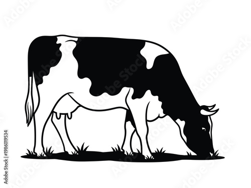 Black and white illustration of a cow grazing in a field.