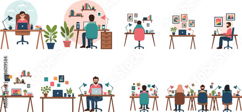 Flat vector illustration set of diverse people working on laptops at modern minimalist desks with indoor plants and office decor in home workspace