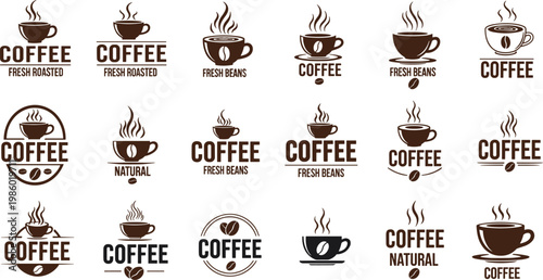 Vector collection of coffee logo templates and emblems featuring steaming hot cups roasted beans and vintage typography for cafe branding and restaurant identity design