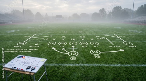 Green football field with subtle white formation lines and arrows, morning mist atmosphere, ultra-detailed grass texture, soft neutral background for text, coaching and planning concept