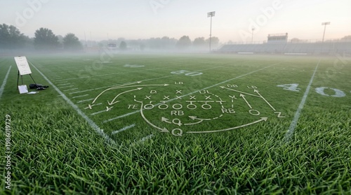 Green football field with subtle white formation lines and arrows, morning mist atmosphere, ultra-detailed grass texture, soft neutral background for text, coaching and planning concept