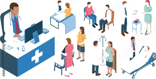 Isometric healthcare illustration with medical workers and patients, hospital reception, doctors, technology integration, modern medical services concept