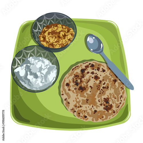 Traditional Indian food, a plate with Indian flatbread chapati with a bowl of curry and raita yoghurt sauce. Vector illustration on white background.