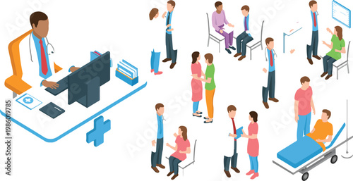 Isometric healthcare illustration with medical workers and patients, hospital reception, doctors, technology integration, modern medical services concept