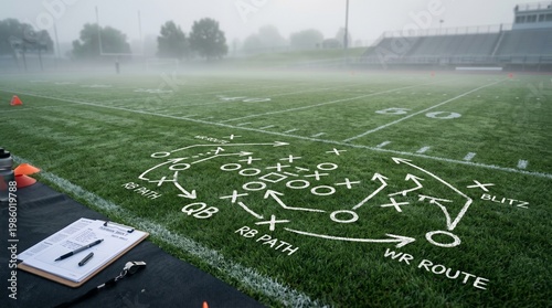 Green football field with subtle white formation lines and arrows, morning mist atmosphere, ultra-detailed grass texture, soft neutral background for text, coaching and planning concept