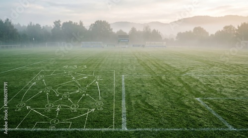 Green football field with subtle white formation lines and arrows, morning mist atmosphere, ultra-detailed grass texture, soft neutral background for text, coaching and planning concept
