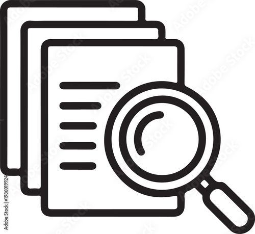 Magnifying glass examining a stack of documents for detailed review isolated on white background

