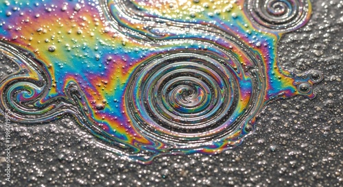 Iridescent Oil Slick Swirls on Textured Surface Abstract Background.
