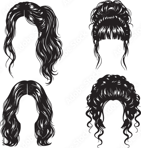 Four black and white illustrations of long hairstyles with undercuts isolated on white background

