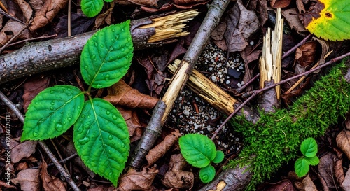 Close-up view of forest floor with green leaves and moss.