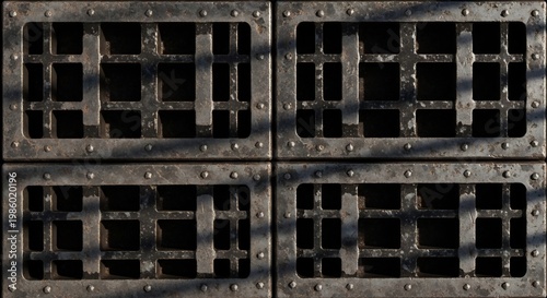 Four Old Prison Cell Bars with Rivets and Metal Frame.